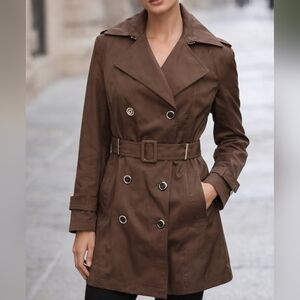 Calvin Klein Womens trench jacket coat Sz S brown button down, waist belt
